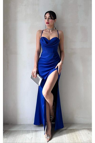 Misscix Corset Maxi Evening Dress with Backless and Deep Slit - Thin Straps