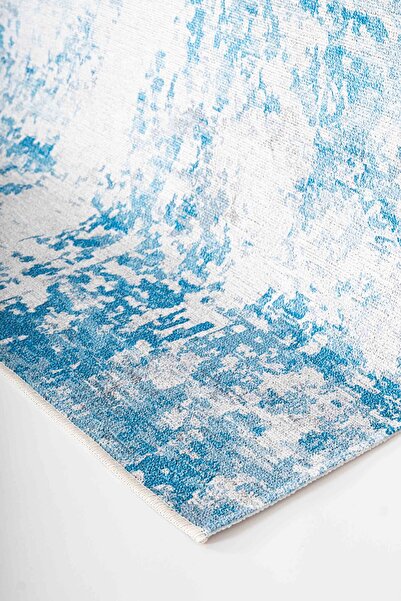 Serente Home Covor de salon lavabil cu model abstract, anti-alunecare, chenille, alb, albastru, crem, 4144