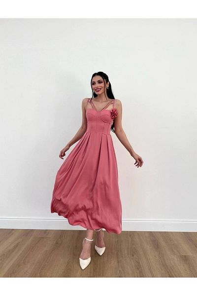 MİSSCİXFASHİON Evening Dress Multiple Straps Detachable Rose Detail Flared Skirt Midi Dress Evening Dress and Graduation Dress
