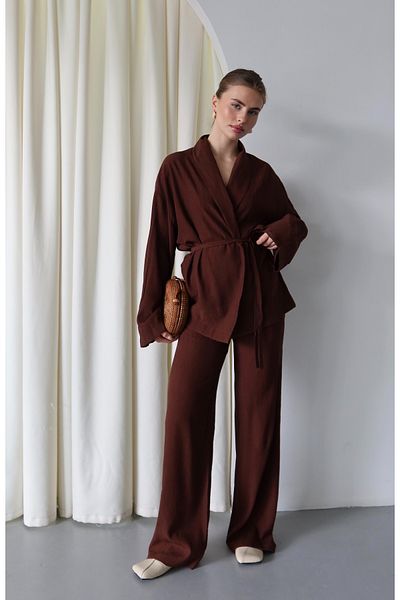 Laluvia Bitterer Kaffee Schalkragen Kimono Set - 912058