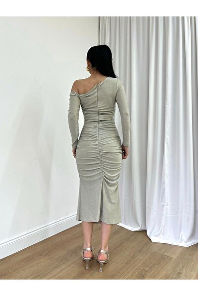 MİSSCİXFASHİON Kadın Midi Bodycon Elbise Çıkarılabilir Gül Detay Çapraz Yaka Simli Abiye & Mezuniyet Elbisesi