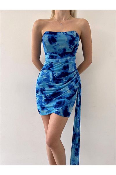 MİSSCİXFASHİON Women's Blue Patterned Draped, Pendant Fabric Detail, Strapless, Low-cut, Mini Evening Dress & Graduation Dress