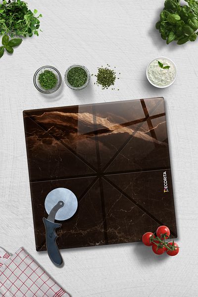 Decorita Pizza Cut Channel Square Presentation Glass |   Brown Marble |   36cm X 36cm