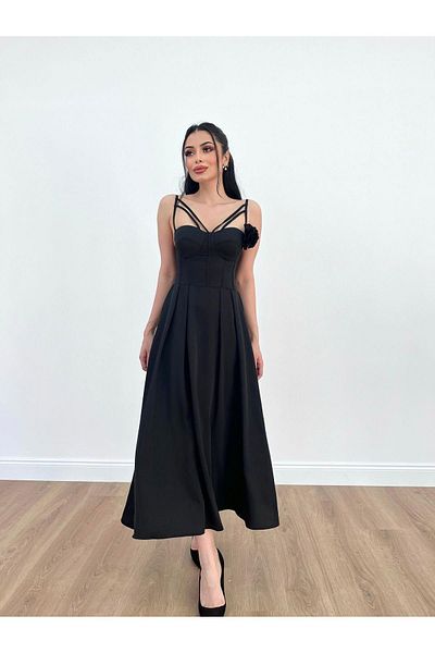 MİSSCİXFASHİON Evening Dress Multiple Straps Detachable Rose Detail Flared Skirt Midi Dress Evening Dress and Graduation Dress