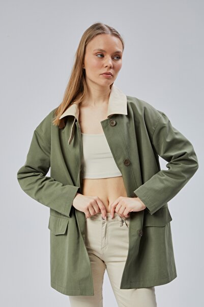 Bolivente Haki Oversize Casual Midi Trençkot
