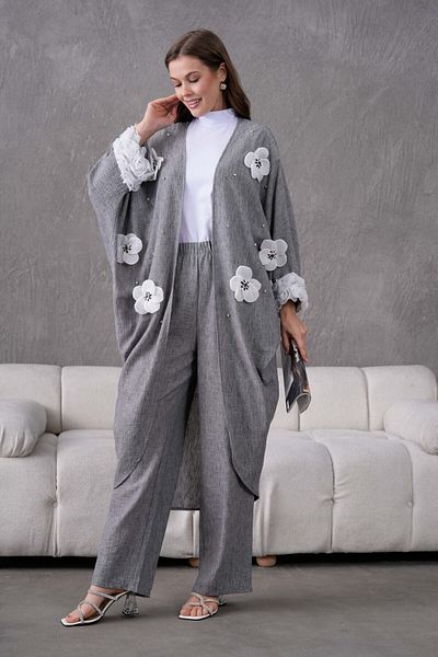 Miss Allos Women's Front Floral Embroidered Stone Detailed Linen Kimono and Pants Bottom Top Set