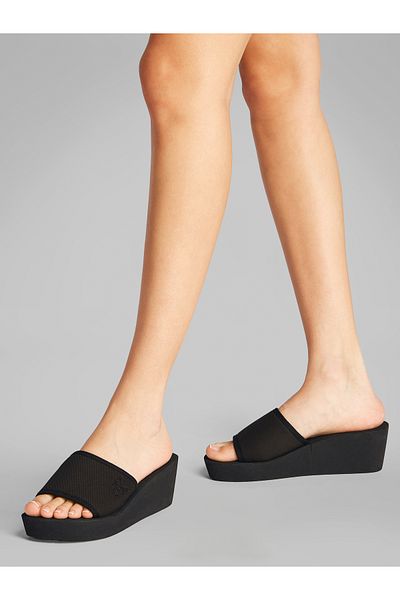 Calvin Klein Women Triple Black Beach Canvas Platform Wedge Sliders