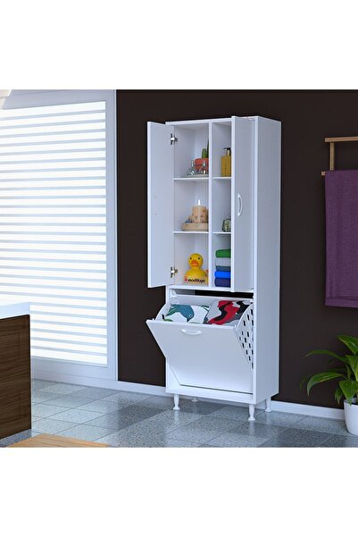 Modilayn İnci 55x165 Cm Üç Kapaklı Çok Amaçlı Kirli Çamaşır Dolabı Sepetli Banyo Dolabı