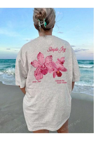MOONBULL Women's Simple Joy Pink Flower Back Printed Oversize T-Shirt