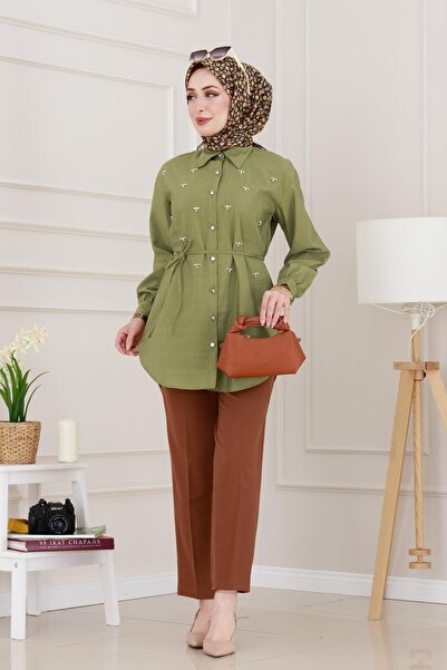 Sevitli Monaco Collar Stone Tunic-Khaki