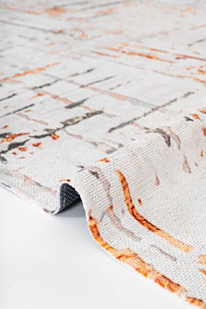 Serente Home Classic Patterned Washable Non-Slip Base Chenille Cream Orange Brown Kitchen Carpet 4145