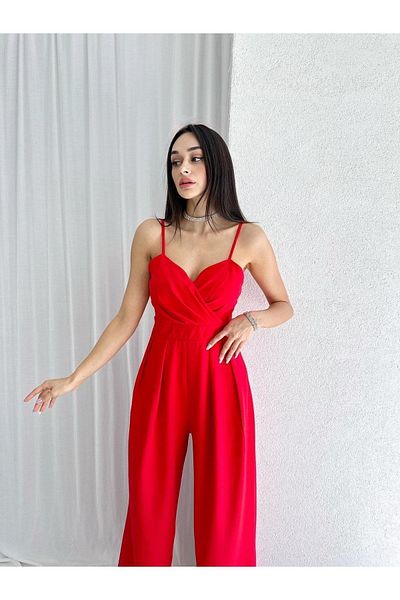 MİSSCİXFASHİON Red Crepe Satin Jumpsuit - Sling, Double Breasted Neck, Wide Leg