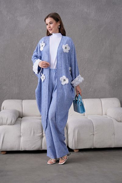 Miss Allos Women's Front Floral Embroidered Stone Detailed Linen Kimono and Pants Bottom Top Set