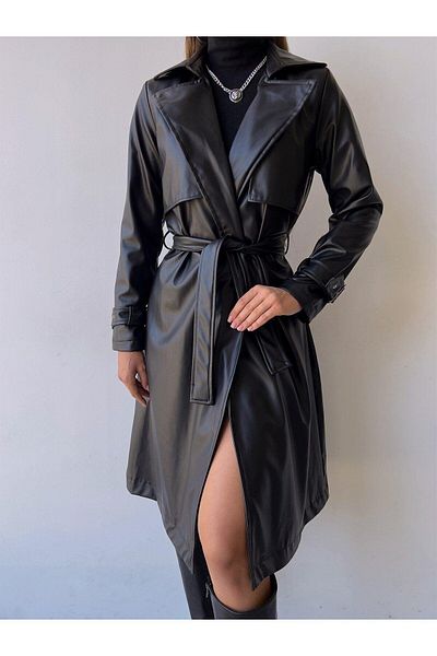 MİSSCİXFASHİON Women's Stylish Leather Trench Coat with Back Slit, Belted Sleeves, Lace-up, Black Color