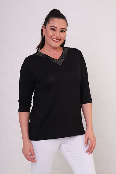 tarzımsüper Women's V-Neck Capri Sleeve Stone Printed Comfort Model Blouse