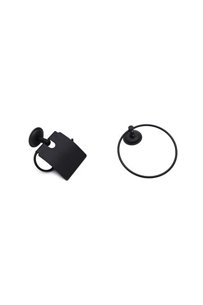 Alper Banyo Black 2-Piece Bathroom Set |   Round Towel Holder Large Lid Paper Holder |   Modern & Stylish Design