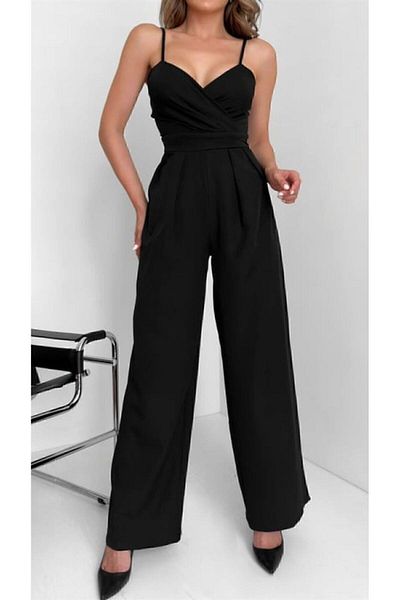 MİSSCİXFASHİON Women's Jumpsuit Dress Crepe Satin Fabric Strap Double Breasted Collar Wide Leg Black Misscix