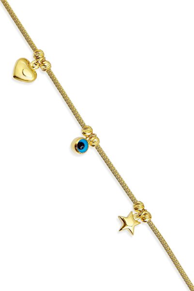 Altınkesesi 14 Ayar Altın Kalp ve Yıldız Sallantılı Şans Bileklik