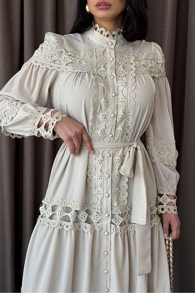 XXL BUTİK XXL Boutique rochie lungă de damă bej cu dantelă X-NBMS42110