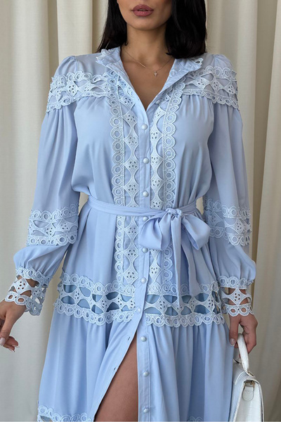 XXL BUTİK kadın mavi uzun dantel detaylı elbise