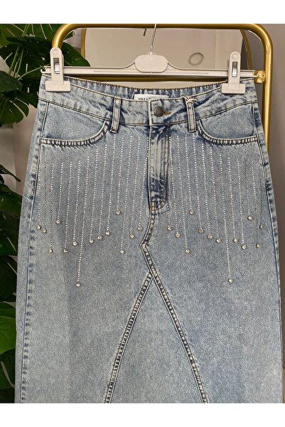 Anka Taş işlemeli kot etek