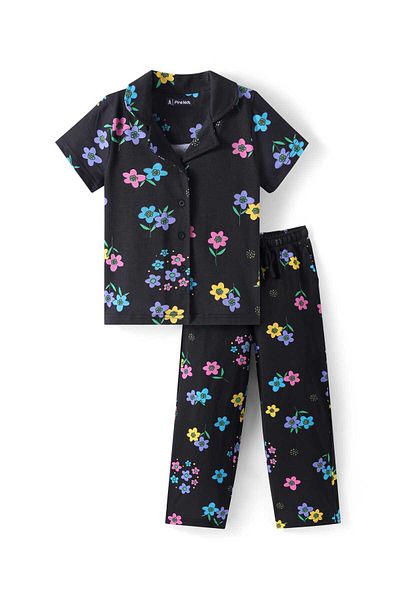 Pine kids Pine Kids Single Jersey Knit Half Sleeves Night Suit with Floral Print - Black