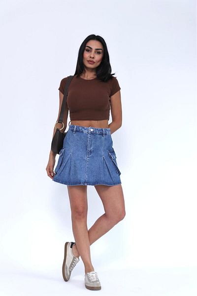 Zeo Basic MINI FUSTA DENIM PLISATA CU BUCURI DE MARFĂ