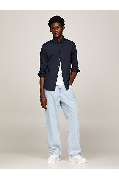 Tommy Hilfiger Erkek Marka Logolu Streç Pamuklu Yarı Yatık Yakalı Şık Görünümlü Günlük Kullanıma Uygun Siyah Gömlek