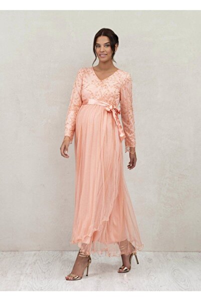 Even Fashion Hamile Giyim فستان سهرة طويل من التول بتفاصيل لؤلؤية للنساء