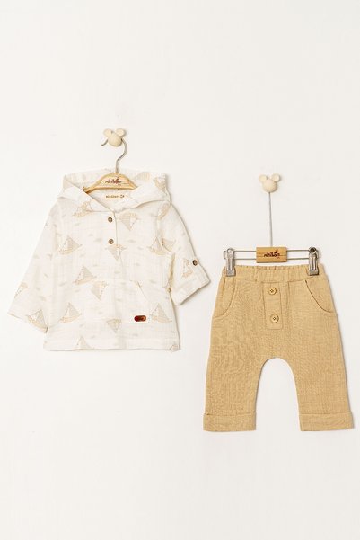 MİNİBORN Men's Long Sleeve Beige Muslin Fabric Ship Printed Double Set