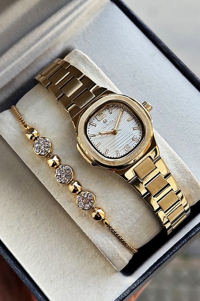 Homies Special Boxed Square Women's Wristwatch Waterproof Gold Color Steel Band & Bracelet Hmby2055C4