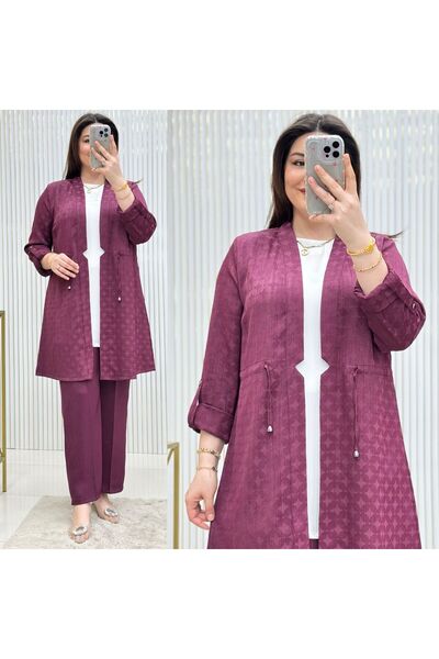 GK İpek Jakar Efektli Kumaş 3'lü Tunik Takım