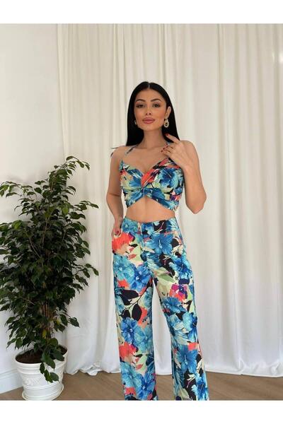 MİSSCİXFASHİON Kadın Boyundan İp Bağlamalı Büstiyer Pantolon İkili Abiye Takım