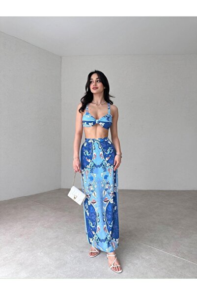 MİSSCİXFASHİON Kadın Abiye Askılı Arkadan Kumaş Bağlama Detaylı Büstiyer Maxi...