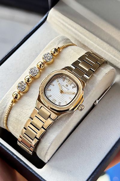 Homies Special Boxed Square Women's Wristwatch Waterproof Gold Color Steel Band & Bracelet Hmby2055C4