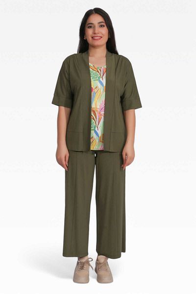 TOLGA SARAÇOĞLU 30195 Khaki Waist Elastic Wide Leg Ankle Length Knitted Trousers