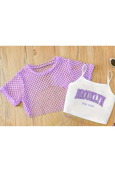 BEBEĞİME ÇORAP Tricou crop imprimat cu detaliu din plasă în partea de sus