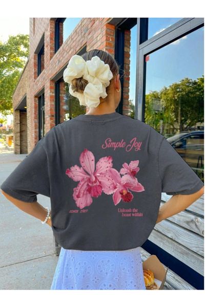 MOONBULL Tricou oversize cu imprimeu pe spate cu flori roz Simple Joy pentru femei