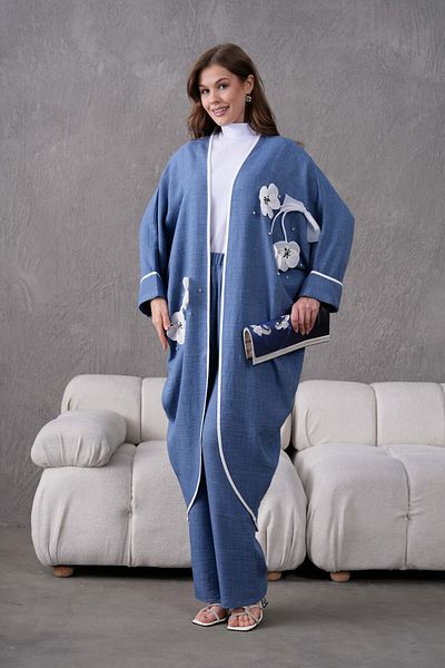 Miss Allos Linen Kimono and Trousers Set - Bow Ribbon, Floral Embroidery and Stone Detail