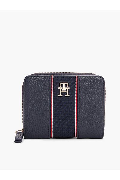 Tommy Hilfiger Women's Stripe Stripe Monogram Logo Leather Blue Wallet with Extra Card Holder Section Zipper Closure Aw0Aw16
