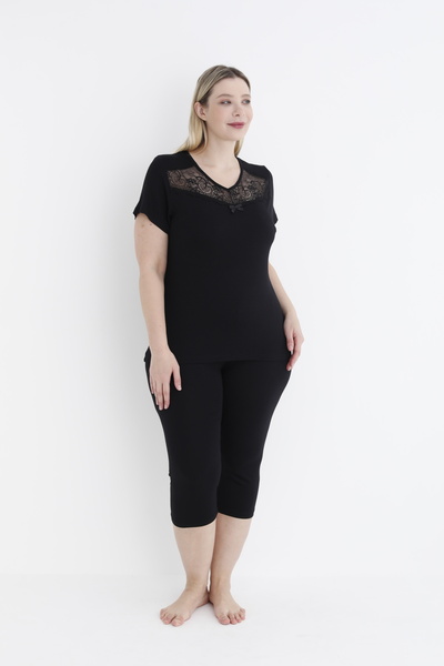 Cotpark Black Short Sleeve Lace Plus Size Nightgown Bottom-Top Capri Suit 14436-B