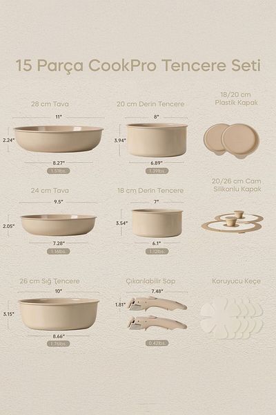 Perotti Cookpro Mink 15 Piece Interlocking Induction Ceramic Coating Cookware Set with Detachable Handles