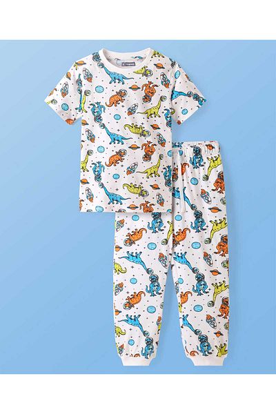 Pine kids Pine Kids Single Jersey Knit Half Sleeves Night Suit with Dino Print - Blue/White/Orange
