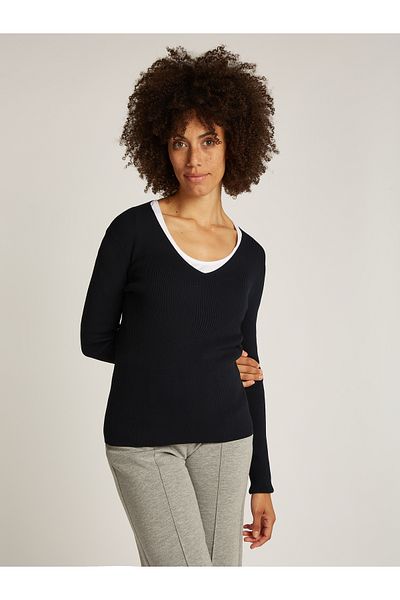 Calvin Klein Women Black Iconic Rib V-Nk Slim Pullover Sweater