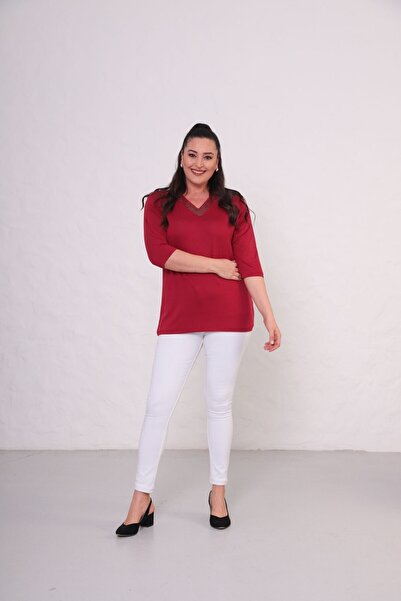 tarzımsüper Women's V-Neck Capri Sleeve Stone Printed Comfort Model Blouse