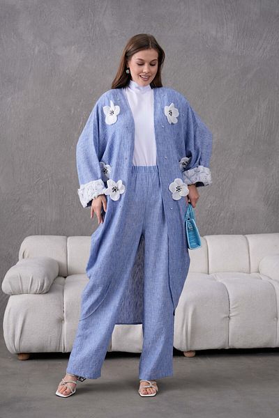 Miss Allos Women's Front Floral Embroidered Stone Detailed Linen Kimono and Pants Bottom Top Set