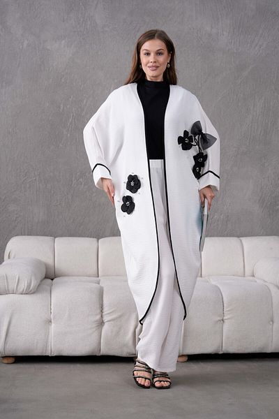 Miss Allos Linen Kimono and Trousers Set - Bow Ribbon, Floral Embroidery and Stone Detail