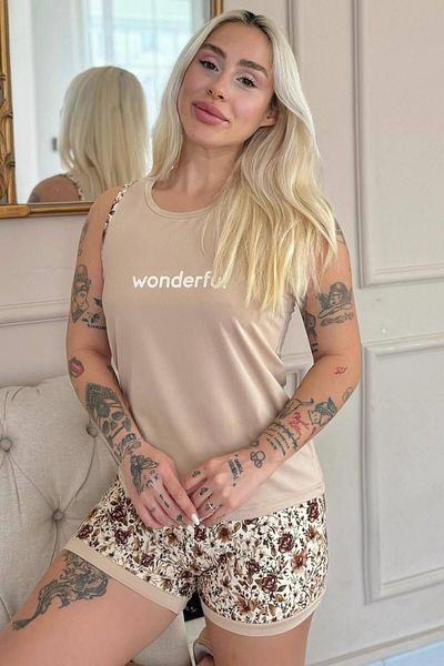 Pijamaevi Beige Wonderful Patterned Zero Sleeve Shorts Knitted Women's Pajama Set
