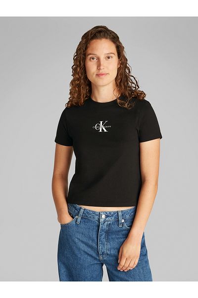 Calvin Klein تي شيرت كالفن كلاين للنساء باللون الأسود بأكمام قصيرة وشعار مونولوج للأطفال