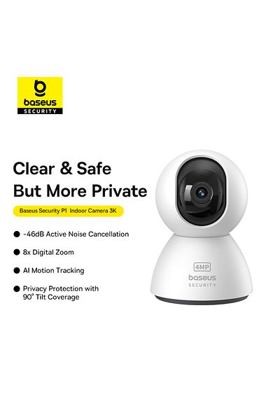 Baseus Security P1 Indoor 3K Wi-Fi Camera, AI Detection, 360 Pan, Night Vision